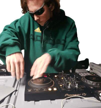 Lewis mixing music on dj decks